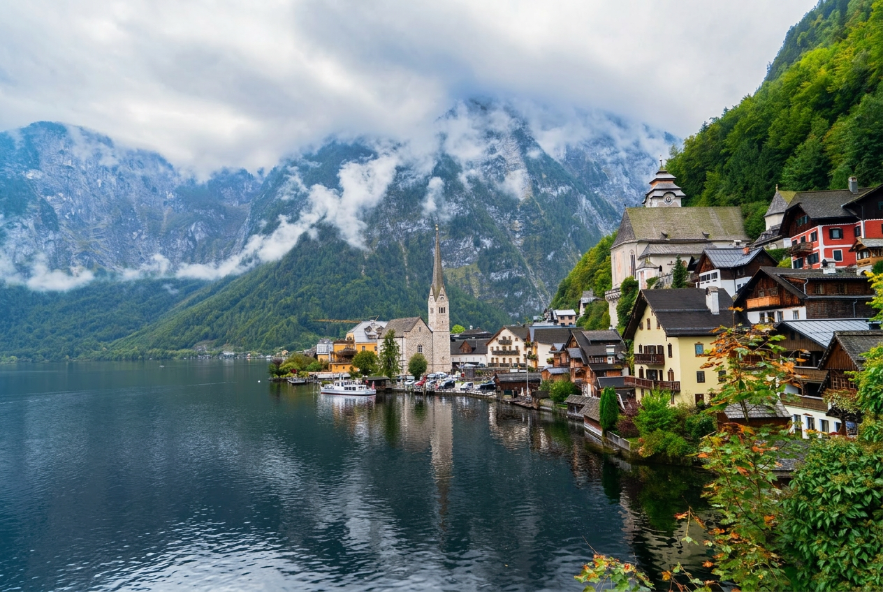 Hallstatt am See mit Bergen im Hintergrund